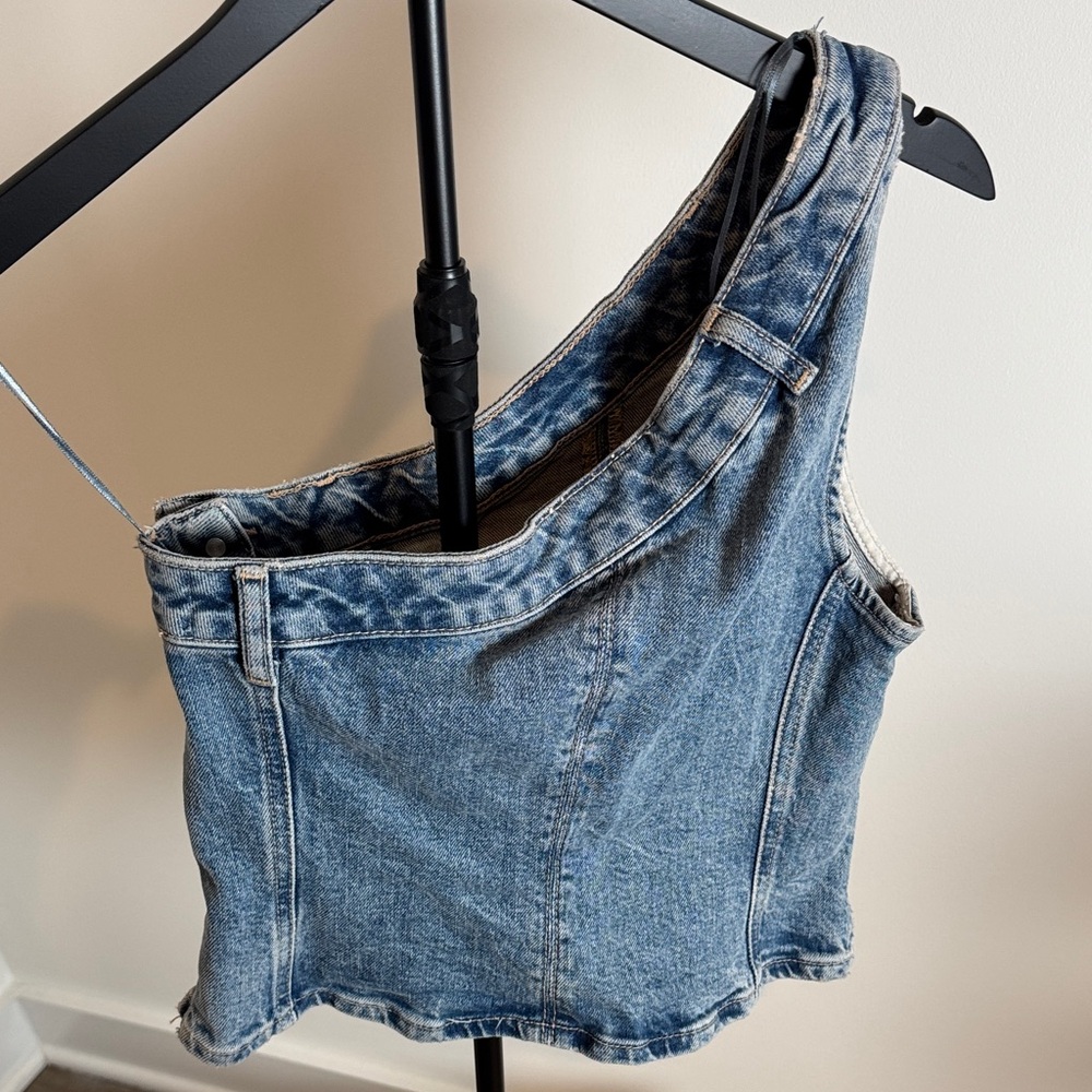 Zara Blue Denim One-Shoulder Crop Top - Picture 5 of 6